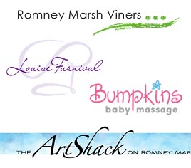 Logos for Romney Marsh Viners, Louise Furnival (chef), Bumpkins Baby Massage and The Art Shack.