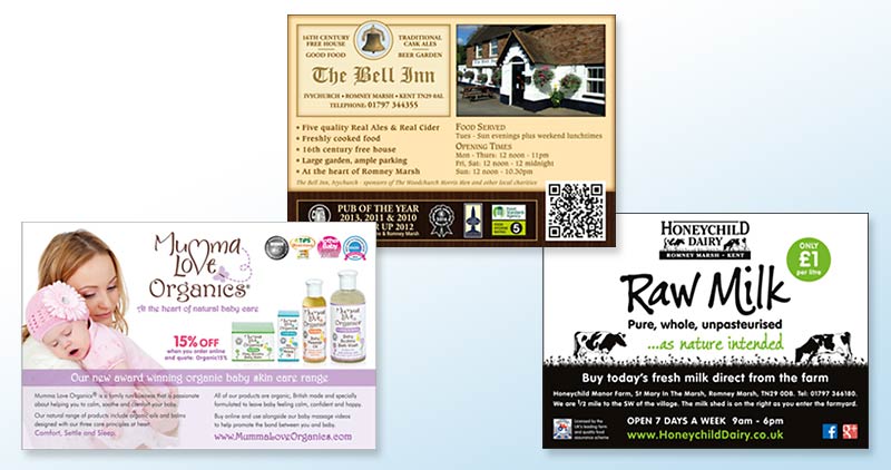 Adverts for Mumma Love Organics, The Bell Inn and Honeychild Dairy